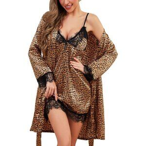 Women's leopard Silk Lingerie Robe Nightgown 2 Piece Pajamas Sleepwear